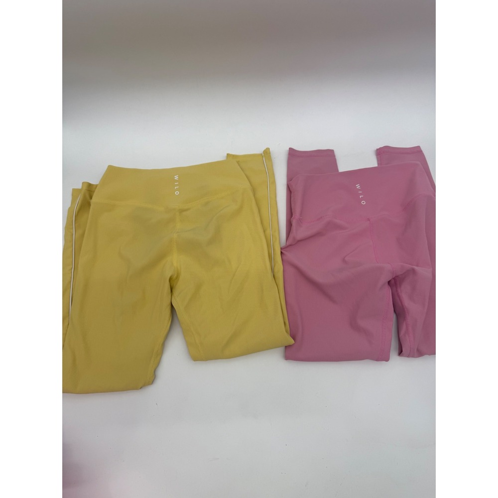 WILO Ribbed High Waisted Leggings Bundle Yellow Pink Stripe Activewear Womens M